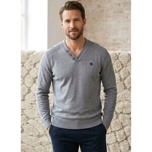 Kurt Muller Gray Knit Sweater Ribbed Trim V Neck Long Sleeve Cotton